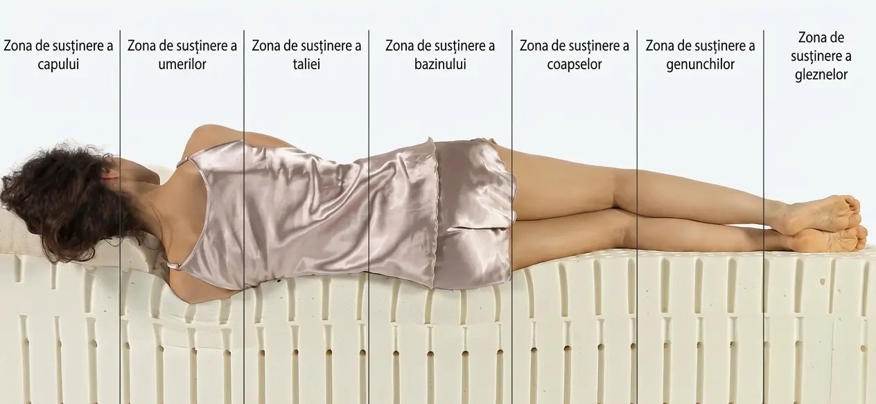 Sectiune saltea latex Ekon cu 7 zone de sustinere ortopedica pentru cap, umeri, talie, bazin, coapse, genunchi si glezne.
